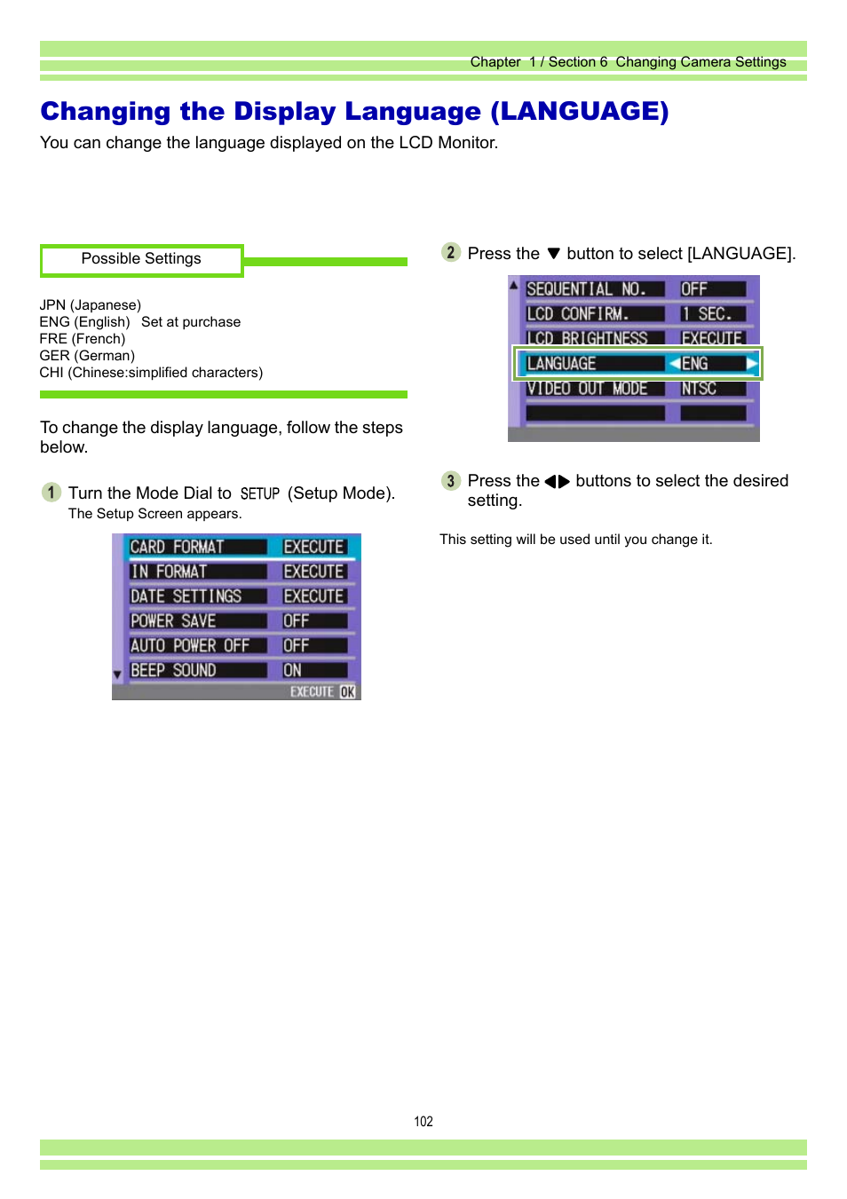 Changing the display language (language) | Ricoh Caplio RR30 User Manual | Page 102 / 156