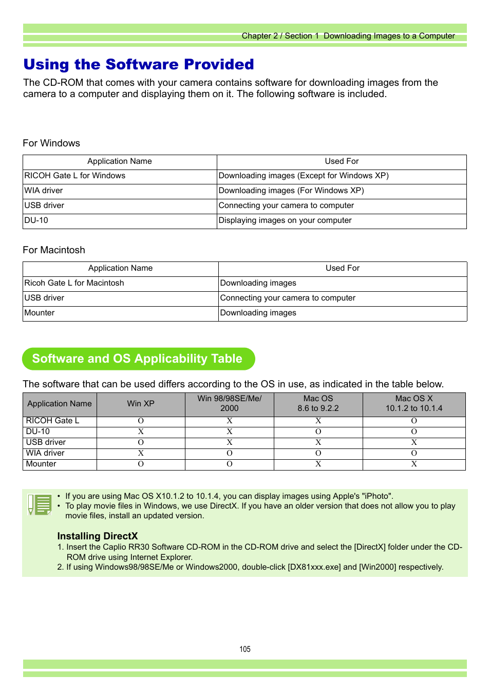 Using the software provided, Software and os applicability table | Ricoh Caplio RR30 User Manual | Page 105 / 156