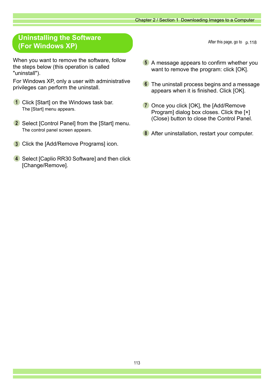 Uninstalling the software (for windows xp) | Ricoh Caplio RR30 User Manual | Page 113 / 156