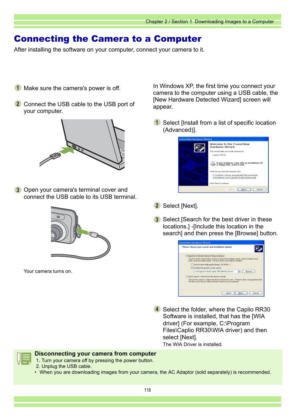 Connecting the camera to a computer | Ricoh Caplio RR30 User Manual | Page 118 / 156