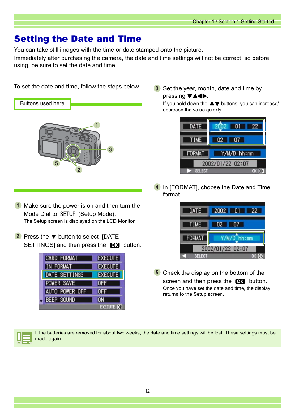 Setting the date and time | Ricoh Caplio RR30 User Manual | Page 12 / 156