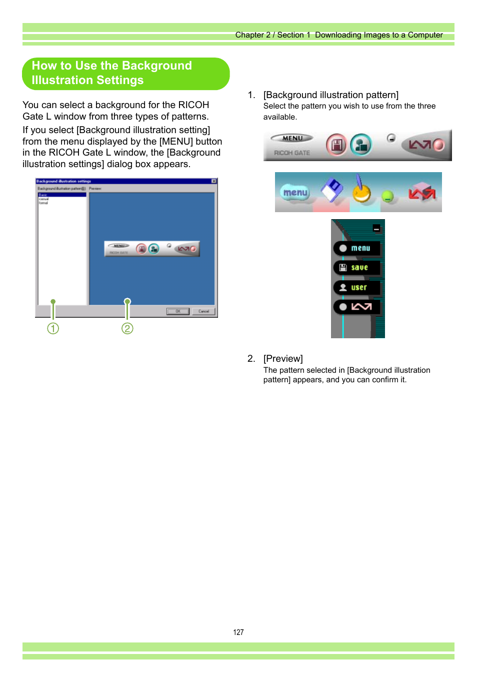 How to use the background illustration settings | Ricoh Caplio RR30 User Manual | Page 127 / 156