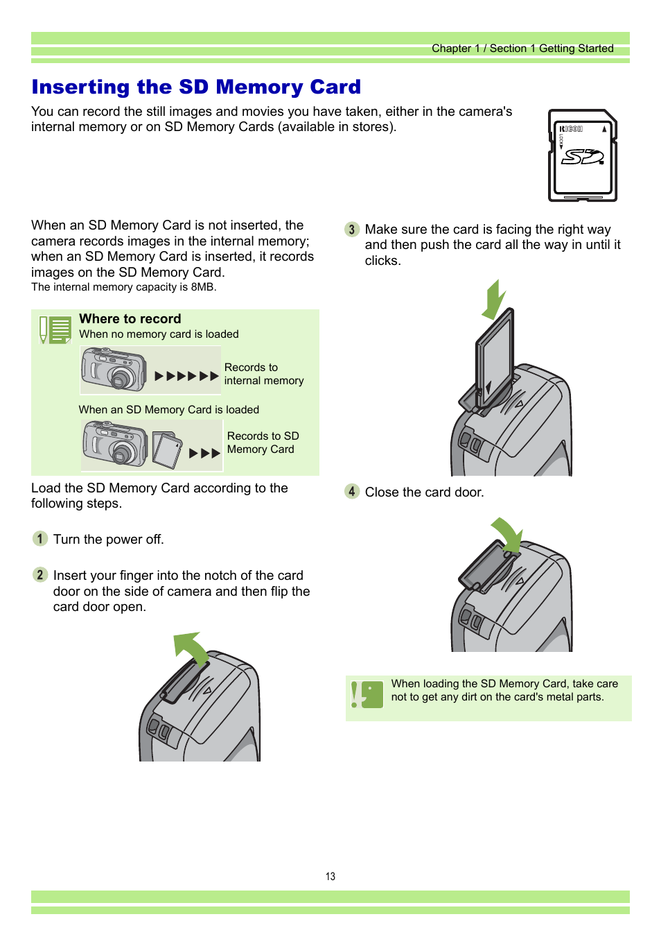 Inserting the sd memory card | Ricoh Caplio RR30 User Manual | Page 13 / 156