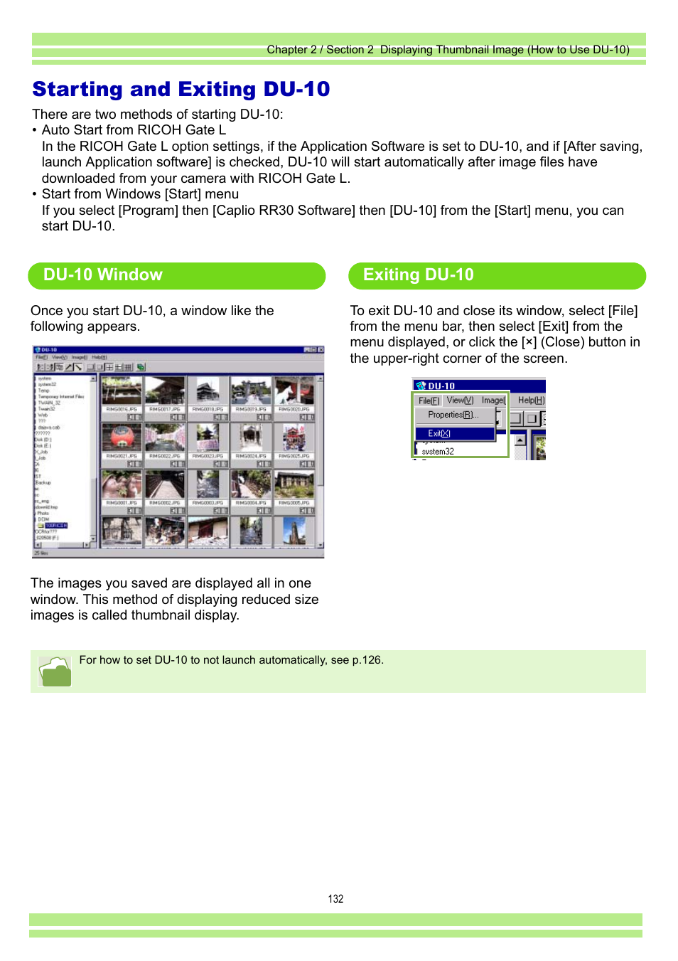 Starting and exiting du-10, Du-10 window, Exiting du-10 | Ricoh Caplio RR30 User Manual | Page 132 / 156