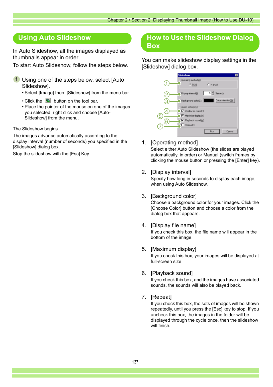 Using auto slideshow, How to use the slideshow dialog box | Ricoh Caplio RR30 User Manual | Page 137 / 156