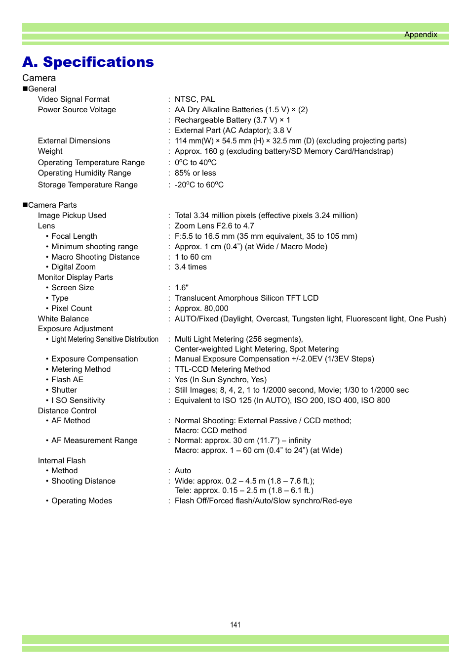 A.specifications, A. specifications, Camera | Ricoh Caplio RR30 User Manual | Page 141 / 156