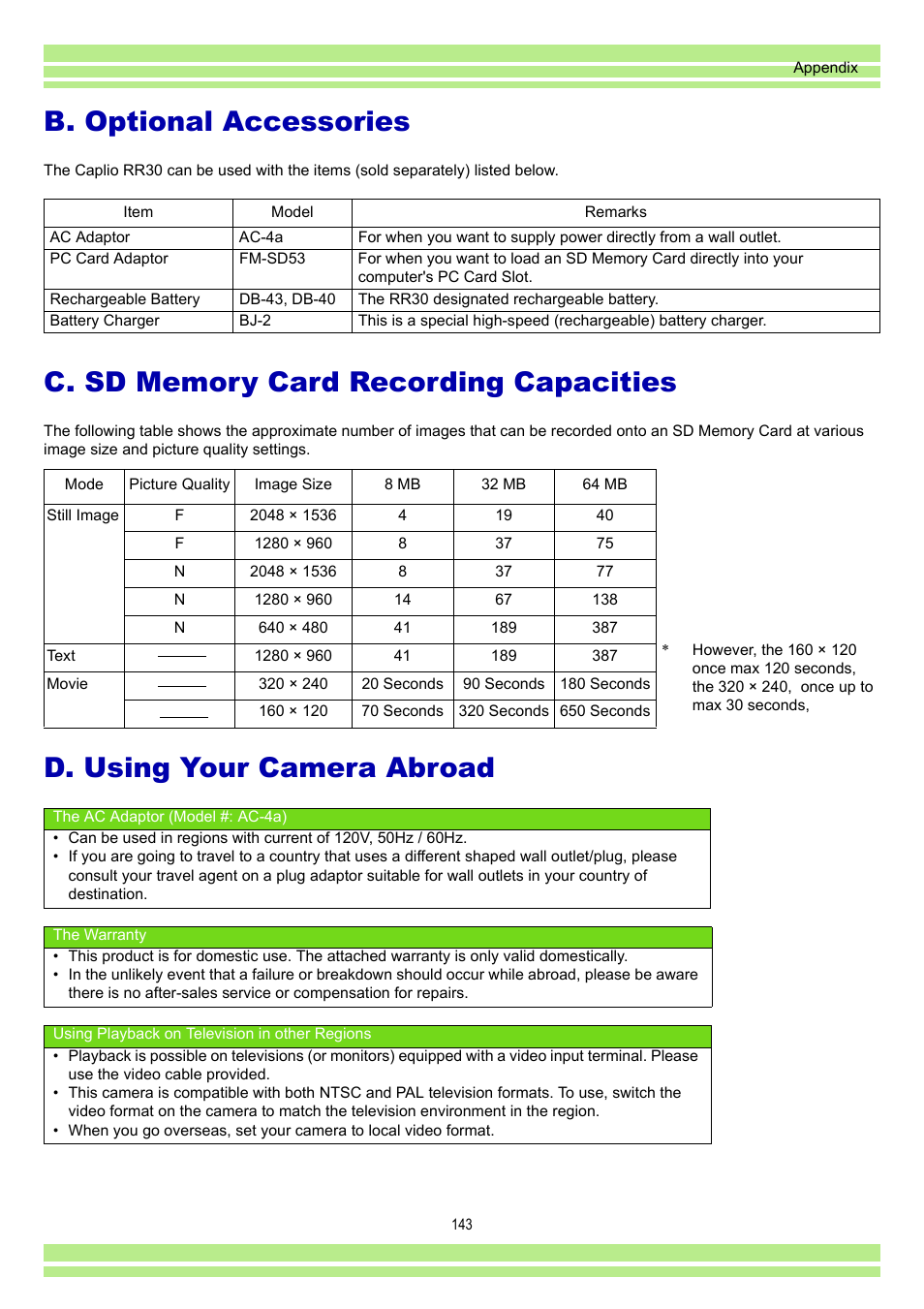 B.optional accessories, C.sd memory card recording capacities, D.using your camera abroad | B. optional accessories, D. using your camera abroad | Ricoh Caplio RR30 User Manual | Page 143 / 156