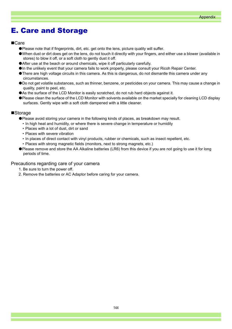 E.care and storage, E. care and storage | Ricoh Caplio RR30 User Manual | Page 144 / 156