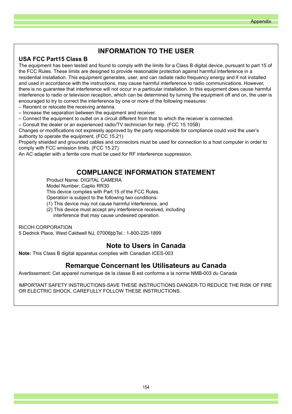 Information to the user, Compliance information statement, Remarque concernant les utilisateurs au canada | Ricoh Caplio RR30 User Manual | Page 154 / 156