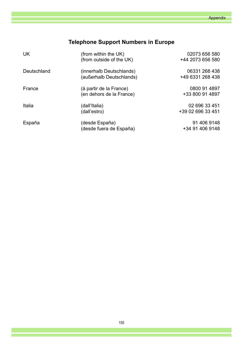 Telephone support numbers in europe | Ricoh Caplio RR30 User Manual | Page 155 / 156
