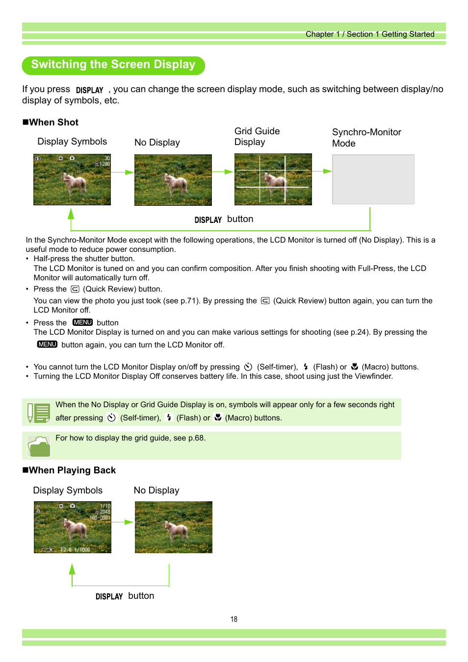 Switching the screen display | Ricoh Caplio RR30 User Manual | Page 18 / 156