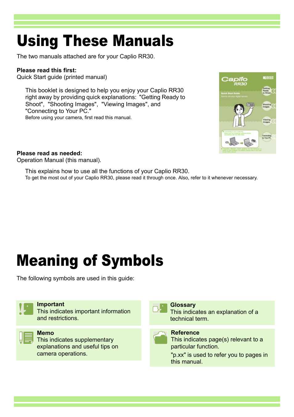 Using these manuals, Meaning of symbols | Ricoh Caplio RR30 User Manual | Page 2 / 156