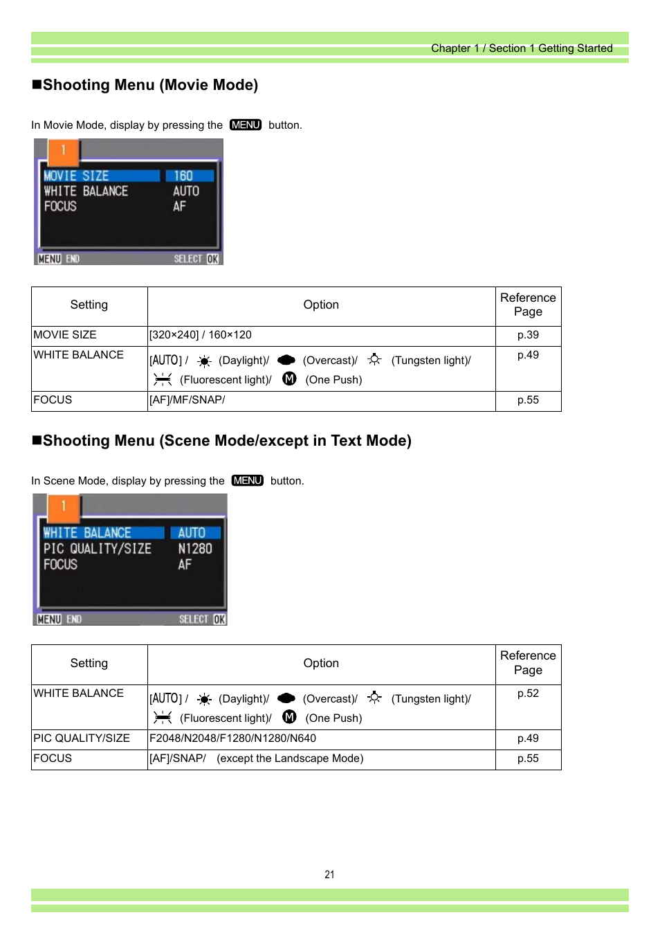 Shooting menu (movie mode), Shooting menu (scene mode/except in text mode) | Ricoh Caplio RR30 User Manual | Page 21 / 156