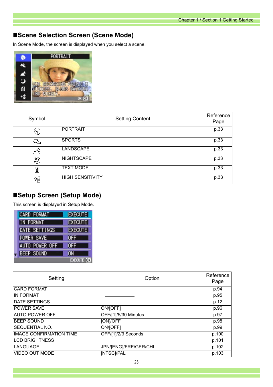 Scene selection screen (scene mode), Setup screen (setup mode) | Ricoh Caplio RR30 User Manual | Page 23 / 156