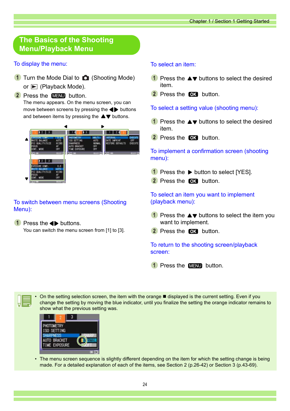 The basics of the shooting menu/playback menu | Ricoh Caplio RR30 User Manual | Page 24 / 156