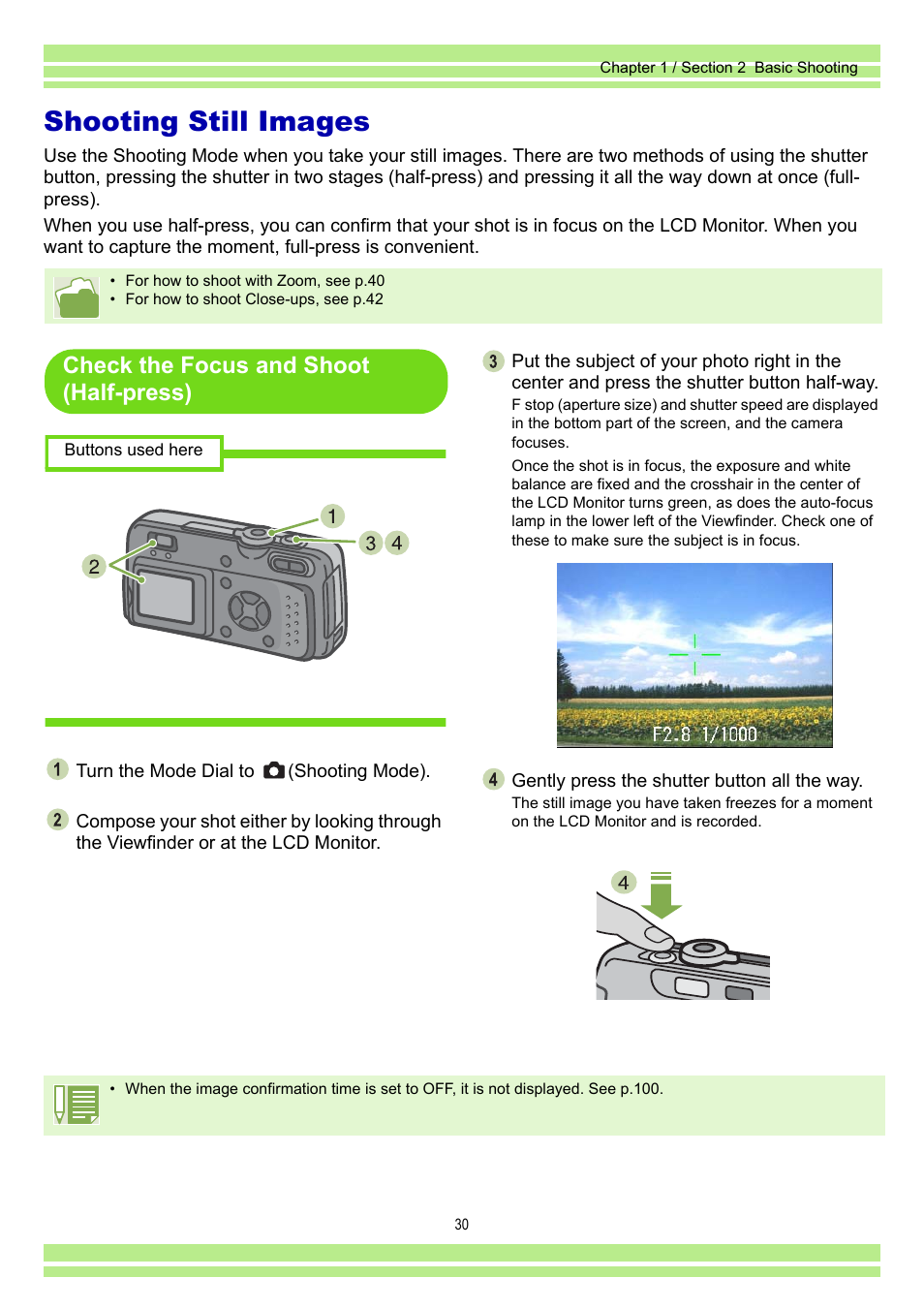 Shooting still images, Check the focus and shoot (half-press) | Ricoh Caplio RR30 User Manual | Page 30 / 156