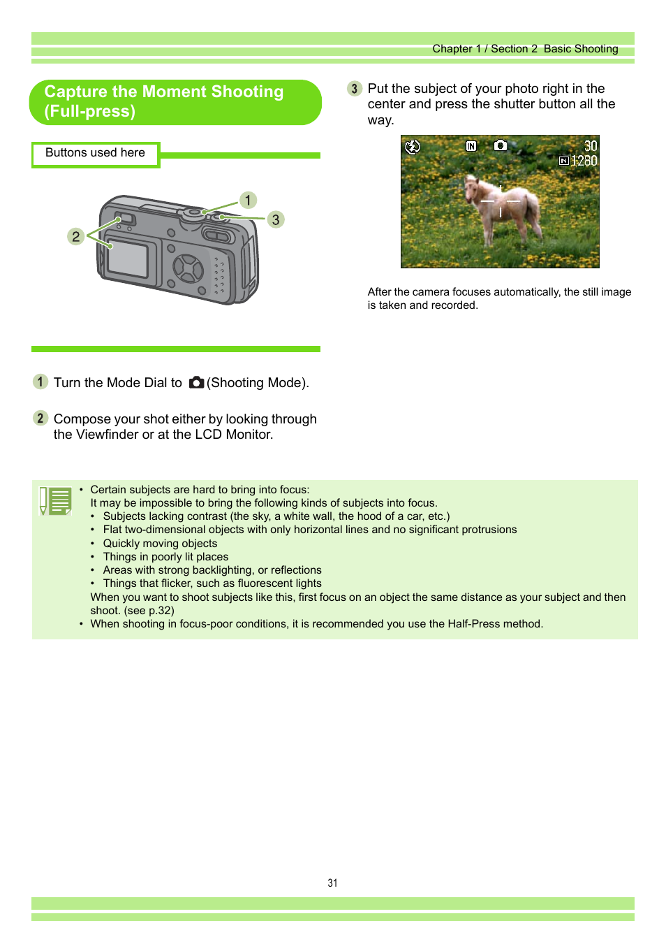 Capture the moment shooting (full-press) | Ricoh Caplio RR30 User Manual | Page 31 / 156