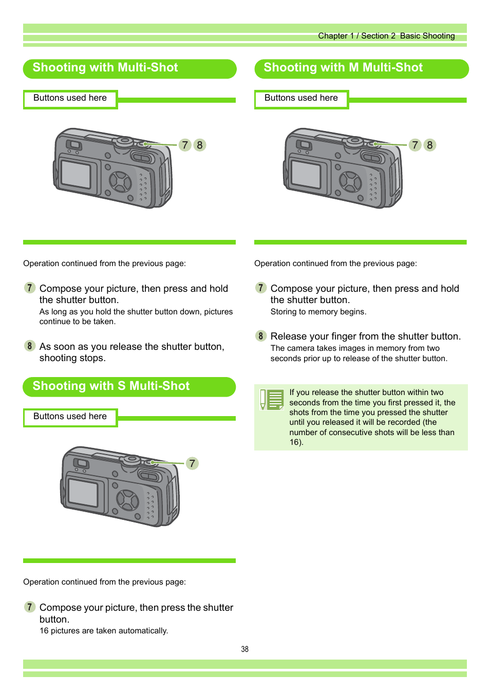 Shooting with multi-shot, Shooting with s multi-shot, Shooting with m multi-shot | Ricoh Caplio RR30 User Manual | Page 38 / 156