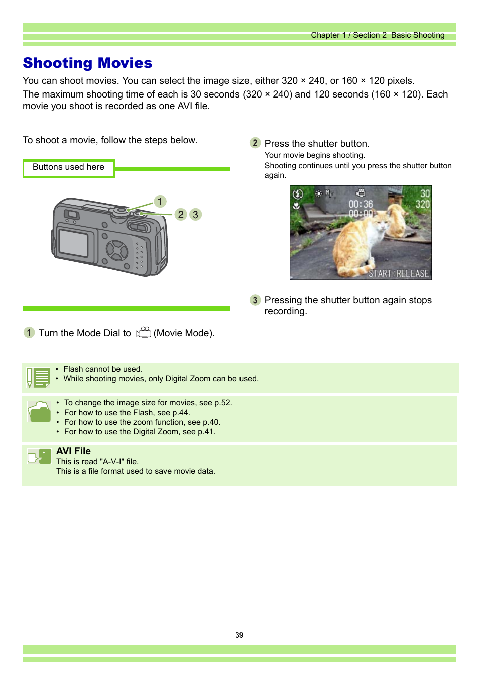 Shooting movies | Ricoh Caplio RR30 User Manual | Page 39 / 156
