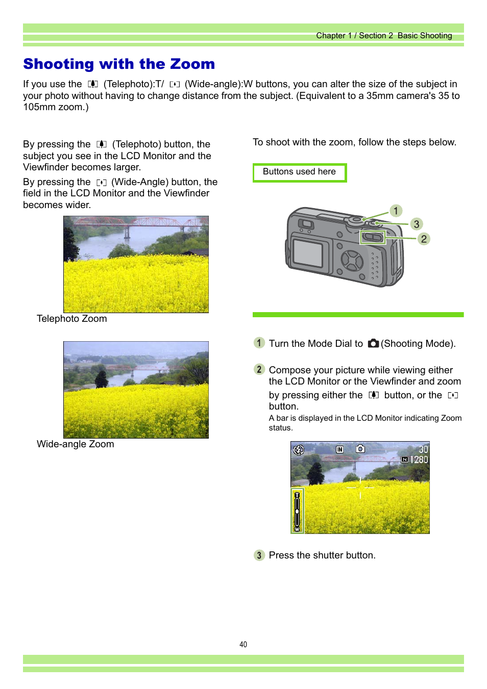 Shooting with the zoom | Ricoh Caplio RR30 User Manual | Page 40 / 156