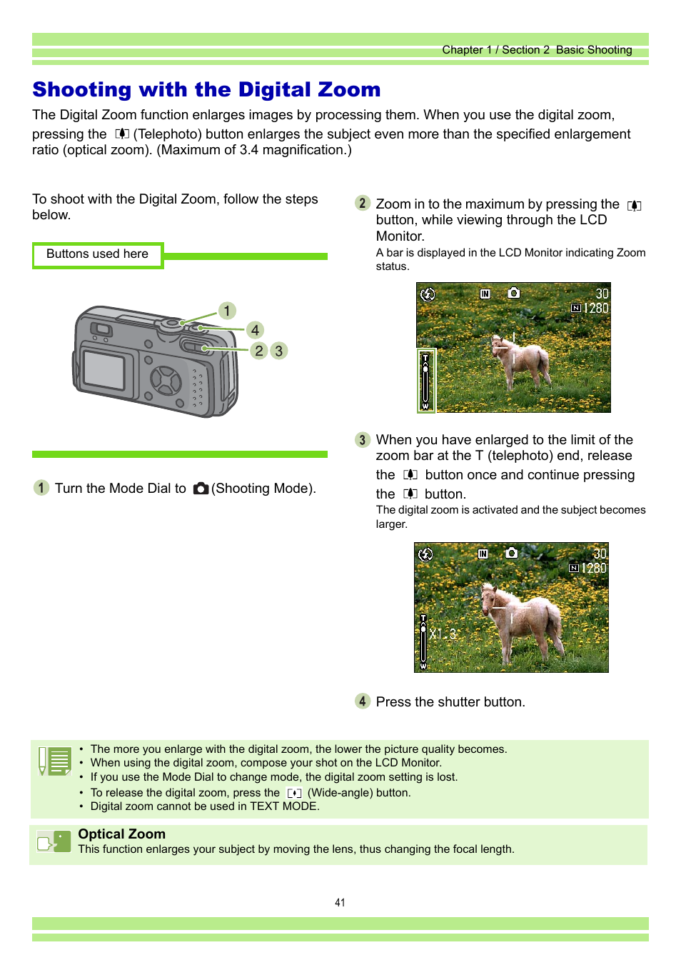 Shooting with the digital zoom | Ricoh Caplio RR30 User Manual | Page 41 / 156