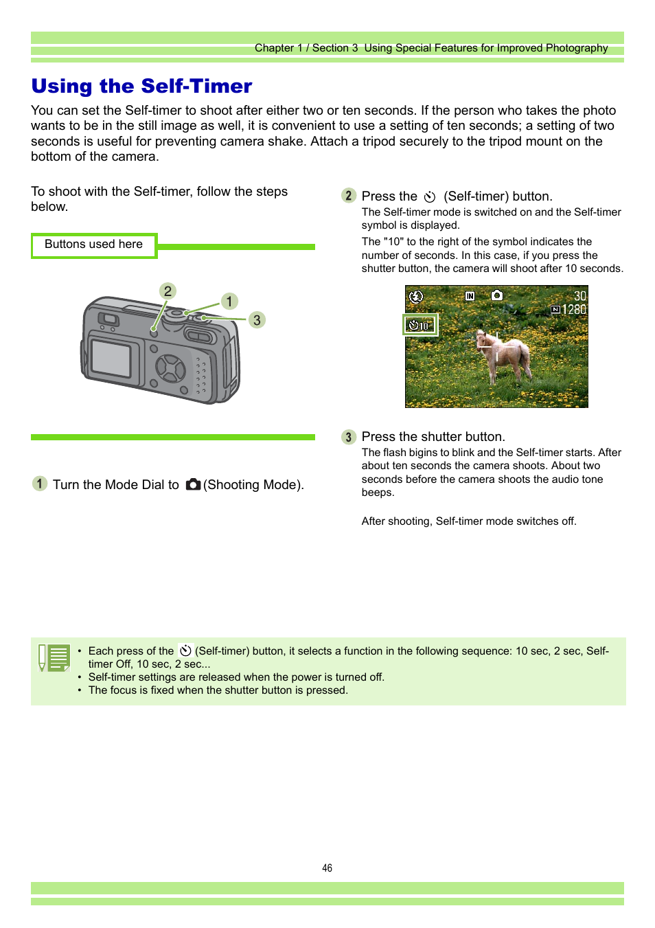 Using the self-timer | Ricoh Caplio RR30 User Manual | Page 46 / 156