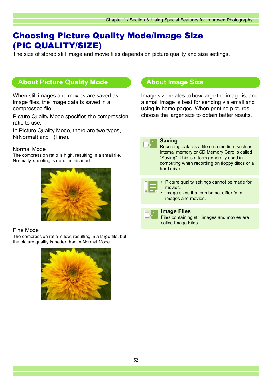 About picture quality mode, About image size | Ricoh Caplio RR30 User Manual | Page 52 / 156