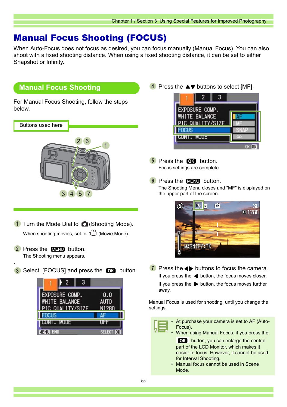 Manual focus shooting (focus), Manual focus shooting | Ricoh Caplio RR30 User Manual | Page 55 / 156