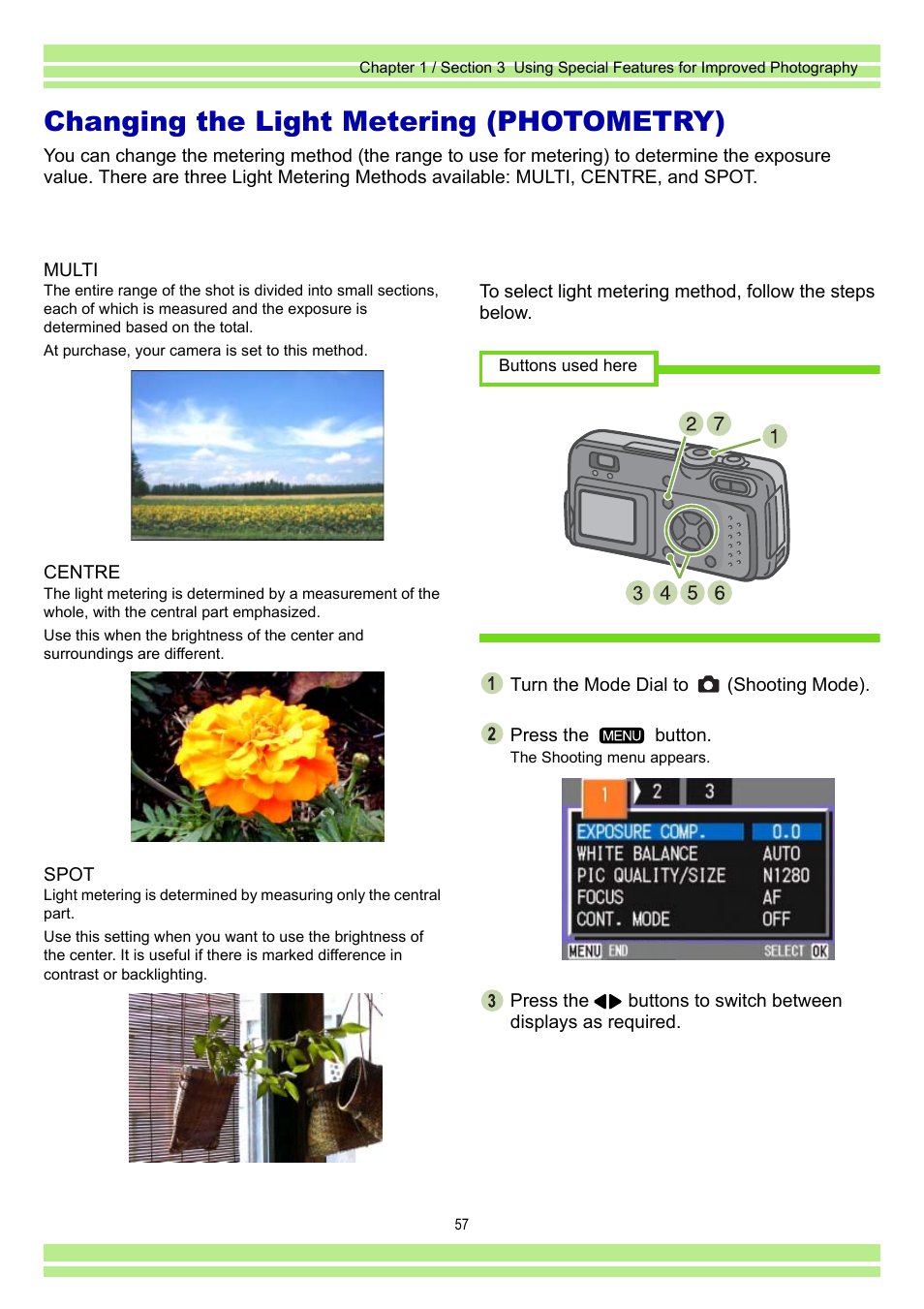 Changing the light metering (photometry) | Ricoh Caplio RR30 User Manual | Page 57 / 156