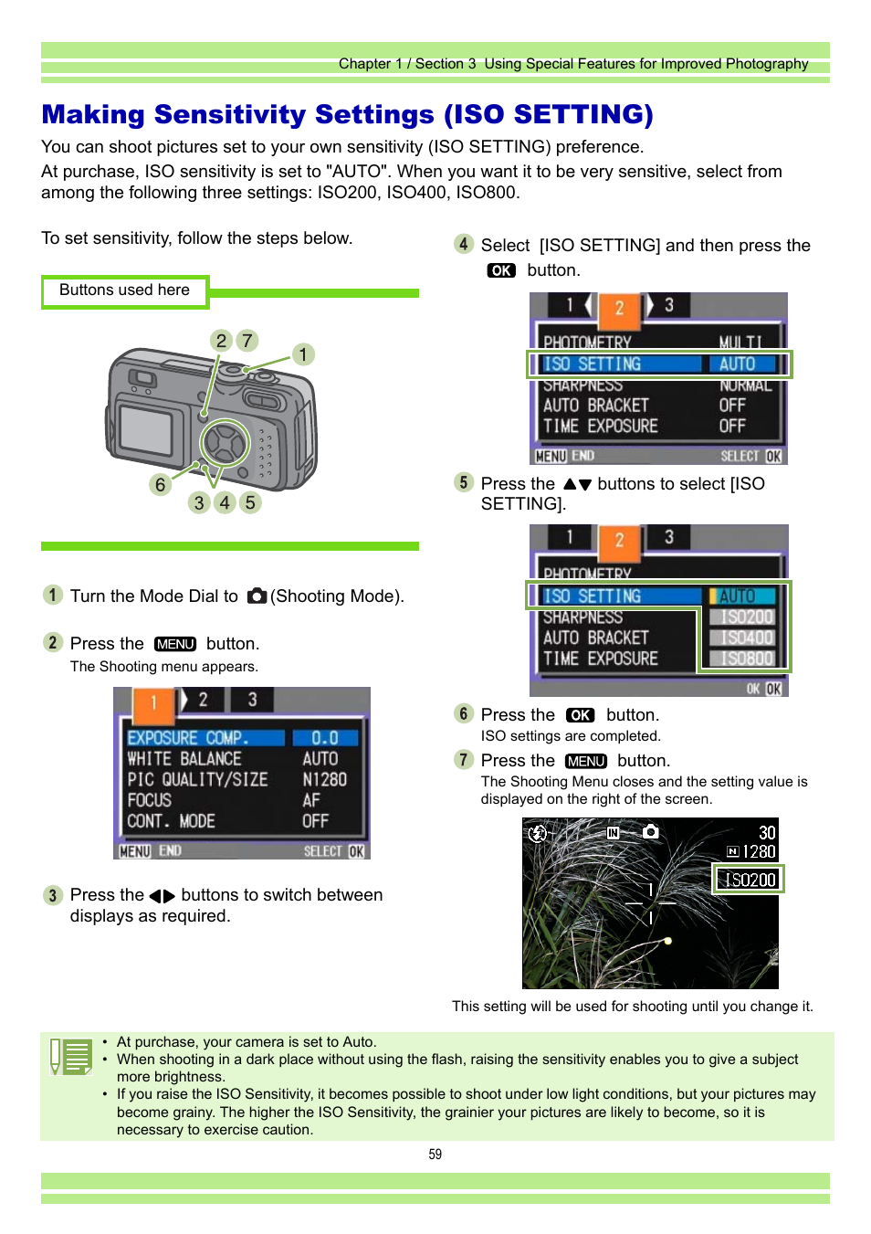 Making sensitivity settings (iso setting) | Ricoh Caplio RR30 User Manual | Page 59 / 156