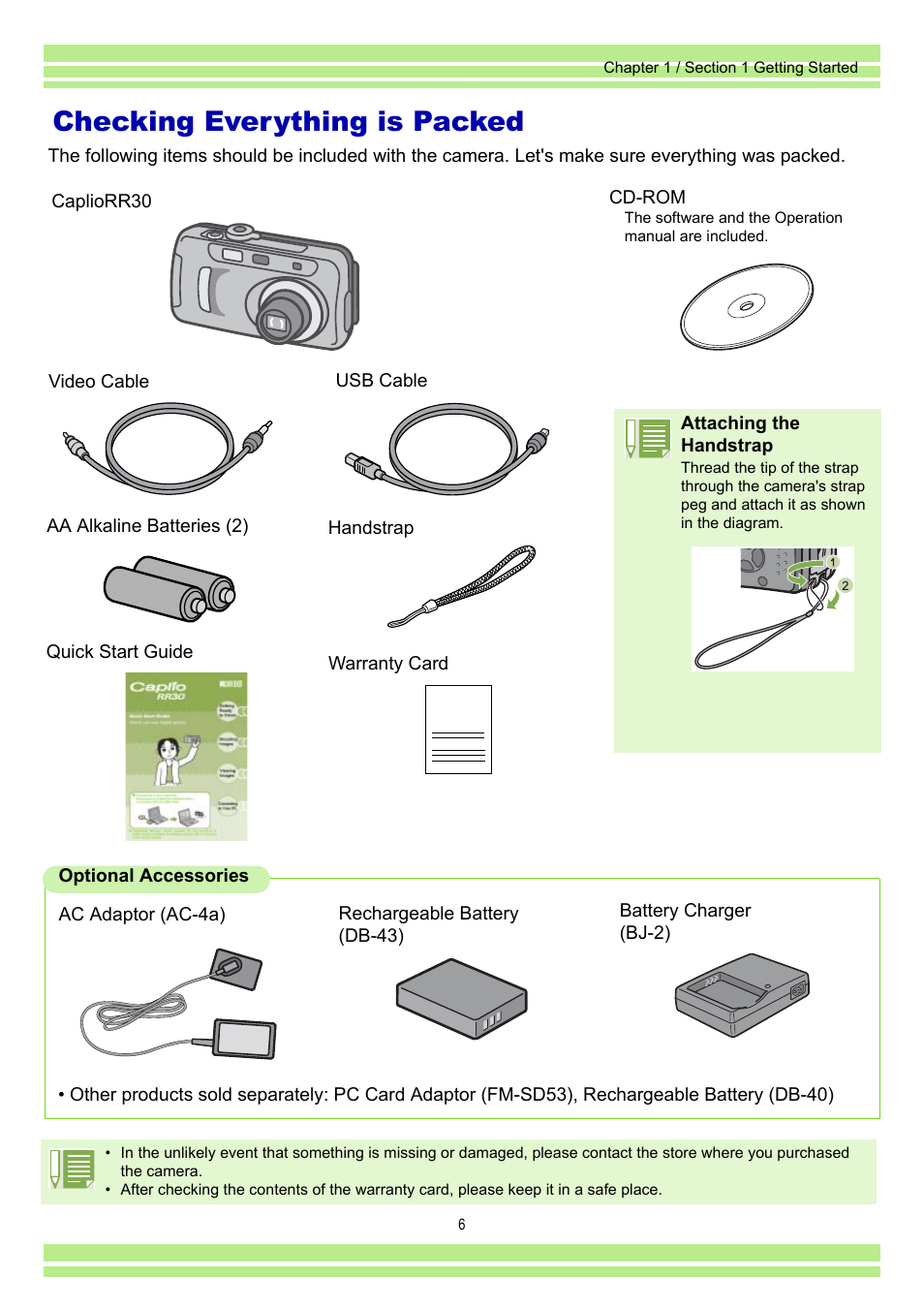 Checking everything is packed | Ricoh Caplio RR30 User Manual | Page 6 / 156