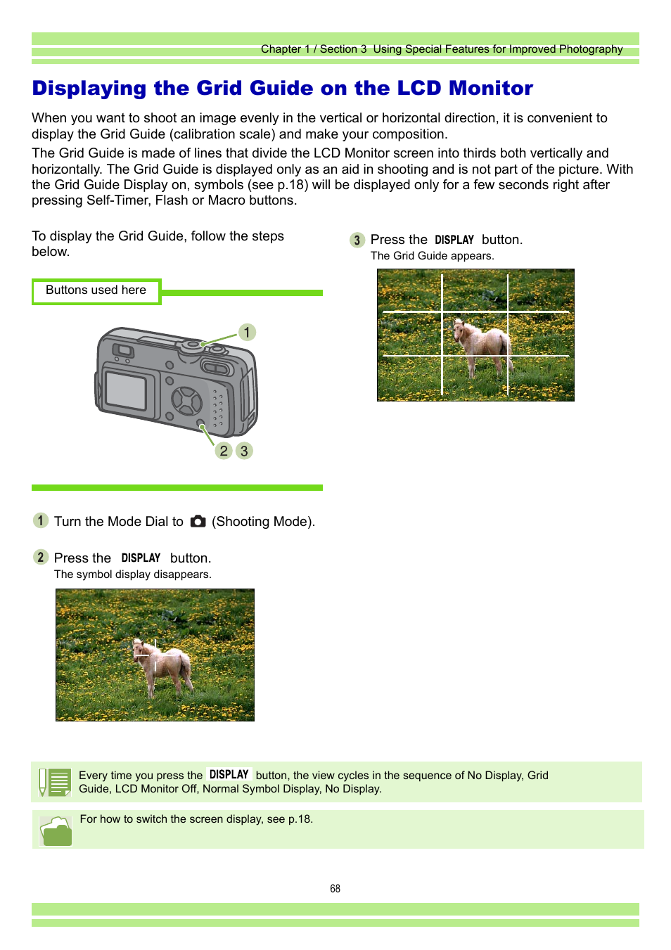 Displaying the grid guide on the lcd monitor | Ricoh Caplio RR30 User Manual | Page 68 / 156