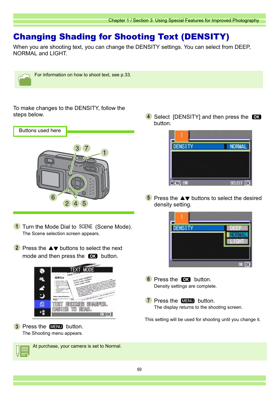 Changing shading for shooting text (density) | Ricoh Caplio RR30 User Manual | Page 69 / 156