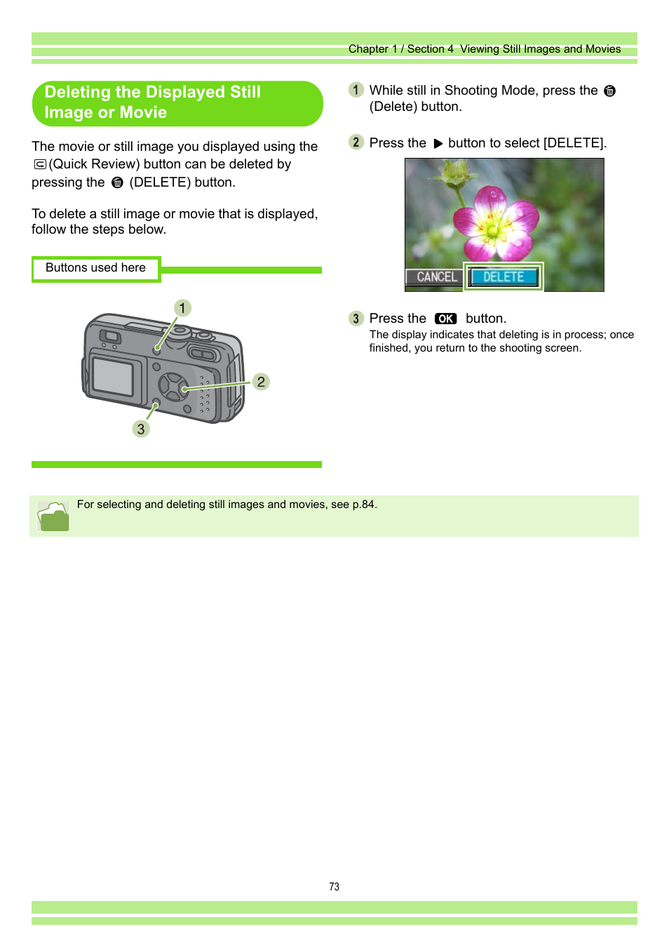 Deleting the displayed still image or movie | Ricoh Caplio RR30 User Manual | Page 73 / 156