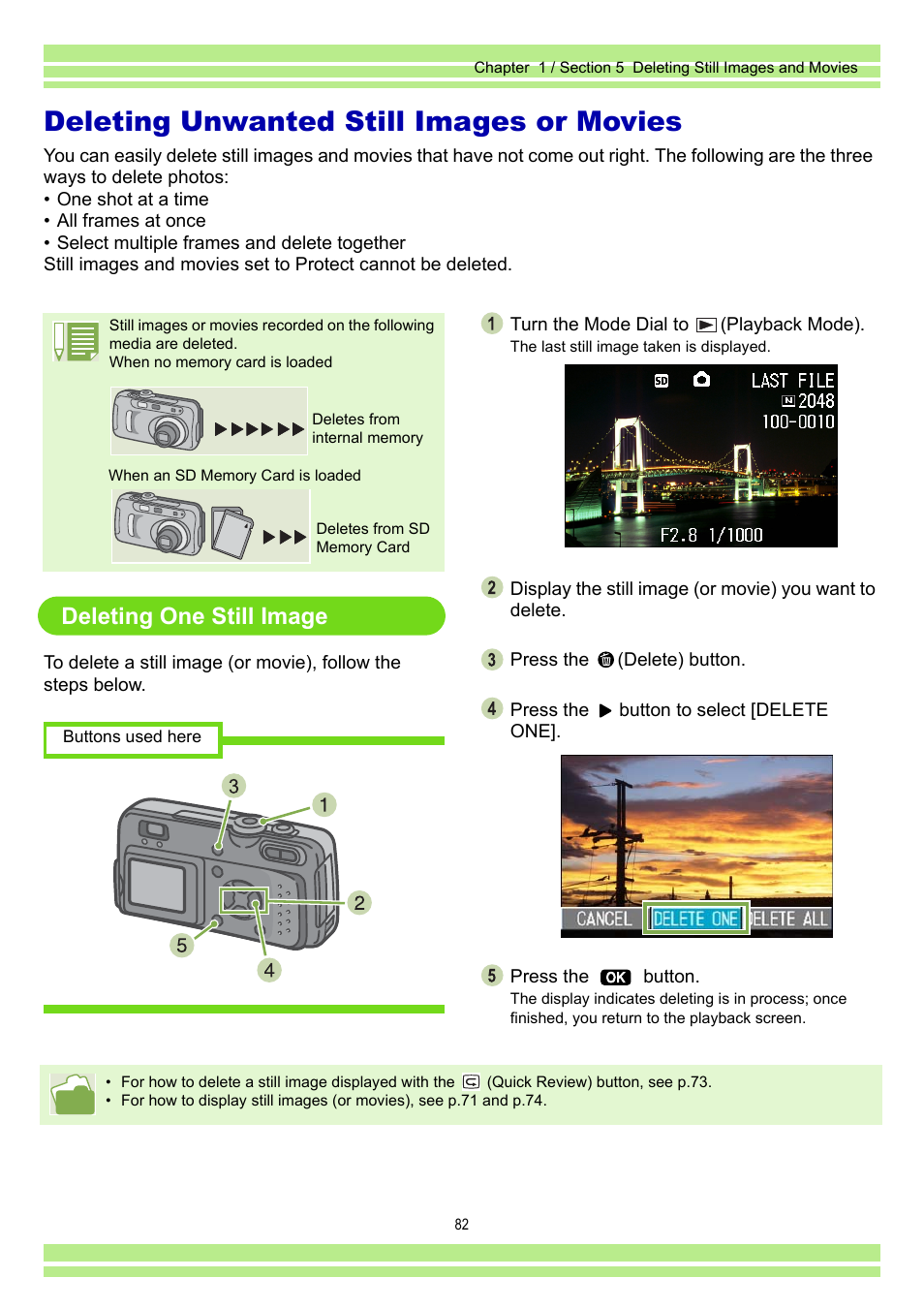 Deleting unwanted still images or movies, Deleting one still image | Ricoh Caplio RR30 User Manual | Page 82 / 156