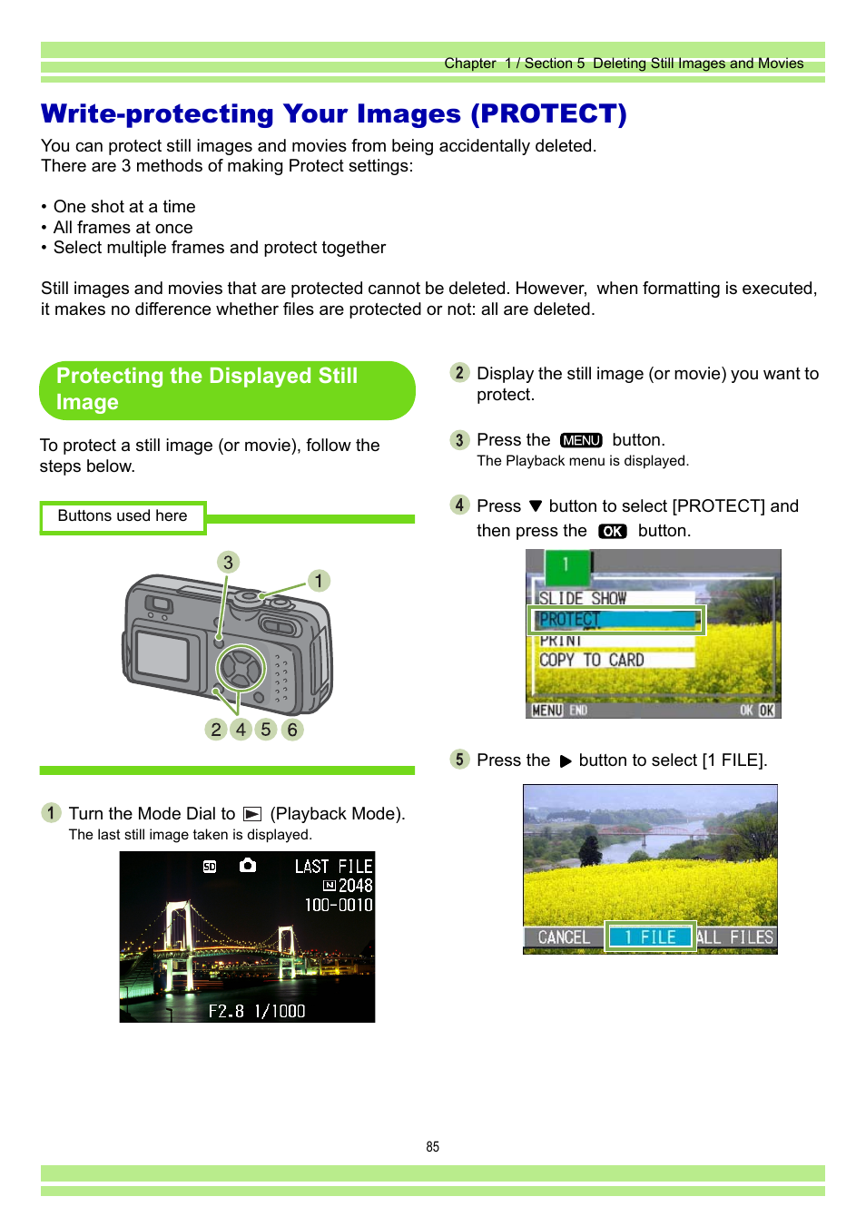 Write-protecting your images (protect), Protecting the displayed still image | Ricoh Caplio RR30 User Manual | Page 85 / 156