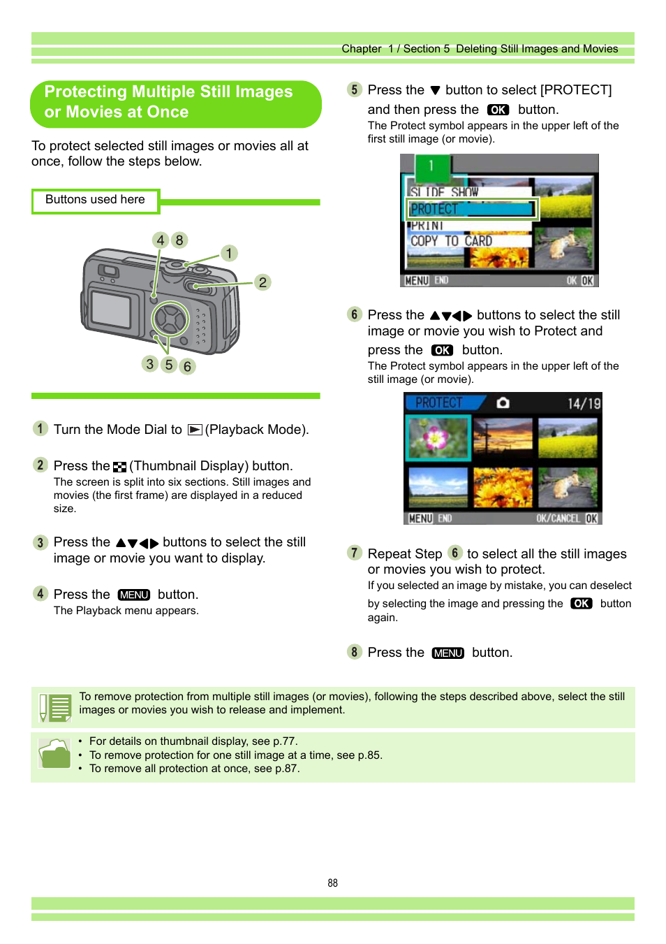 Protecting multiple still images or movies at once | Ricoh Caplio RR30 User Manual | Page 88 / 156