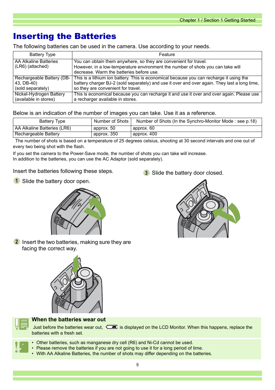 Inserting the batteries | Ricoh Caplio RR30 User Manual | Page 9 / 156