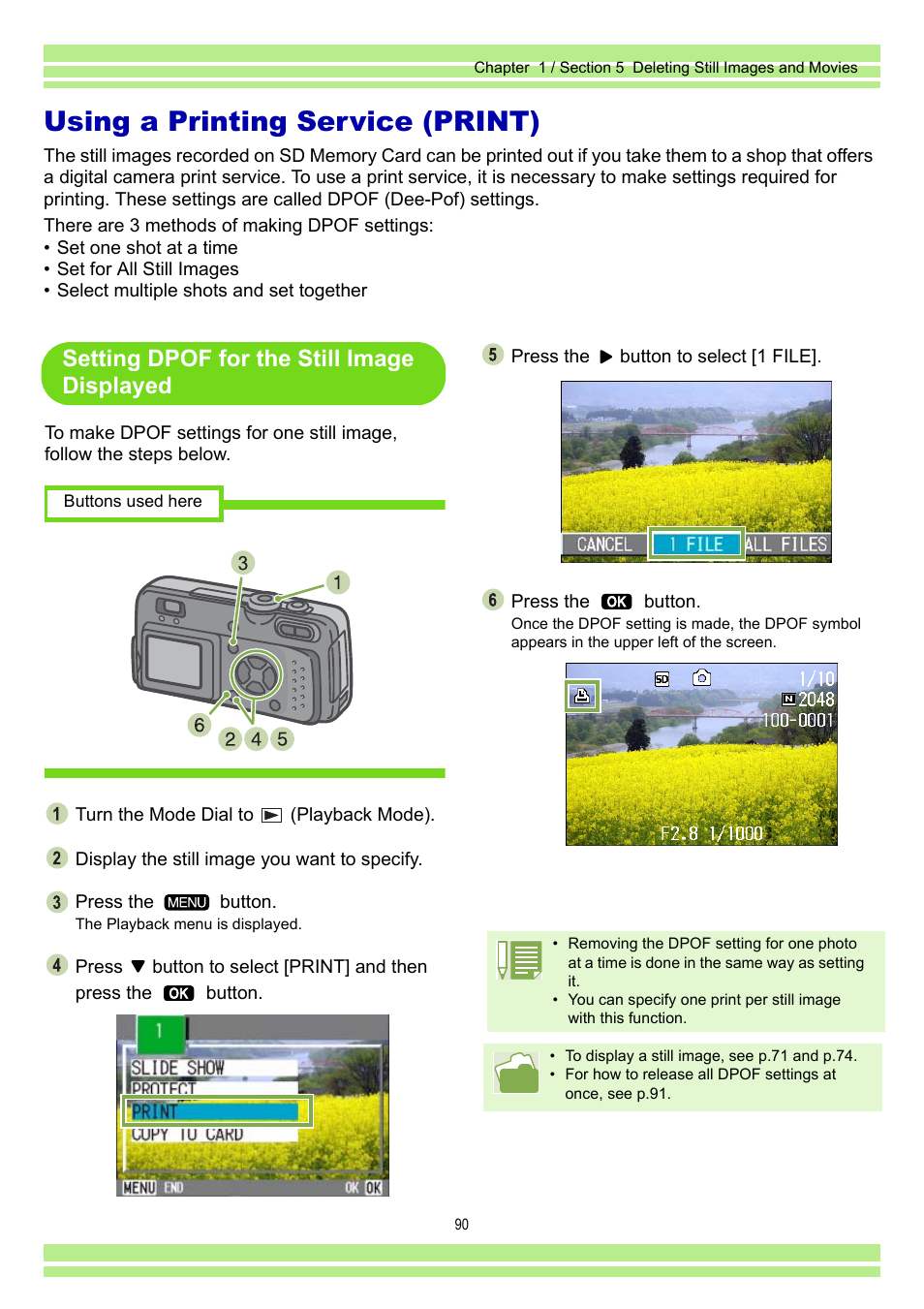 Using a printing service (print), Setting dpof for the still image displayed | Ricoh Caplio RR30 User Manual | Page 90 / 156