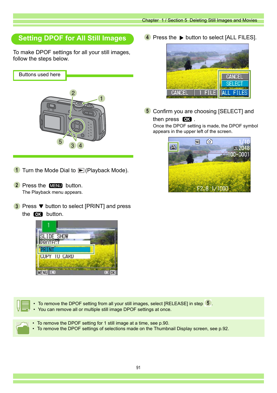 Setting dpof for all still images | Ricoh Caplio RR30 User Manual | Page 91 / 156