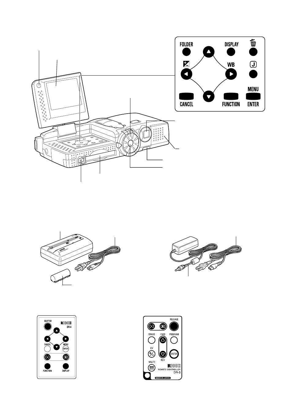 Remote control unit (optional), Operating parts ■ battery/battery charger, Ac adapter (optional) | Ricoh CAMERA RDC-i500 User Manual | Page 9 / 154