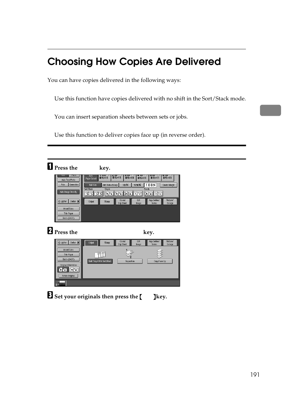 Choosing how copies are delivered, Shift tray off in sort/stack, P.191 “choosing | How copies are delivered, P.191 “shift, Tray off in sort/stack, 2choosing how copies are delivered | Ricoh 850 User Manual | Page 239 / 804