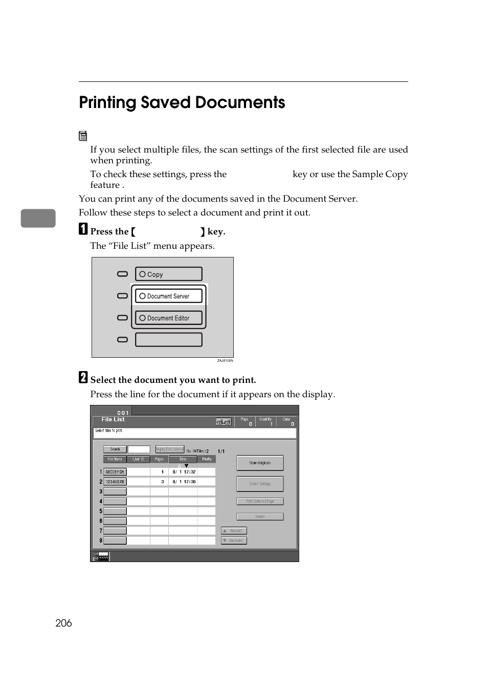Printing saved documents, P.206 “printing saved documents, 3printing saved documents | Ricoh 850 User Manual | Page 254 / 804