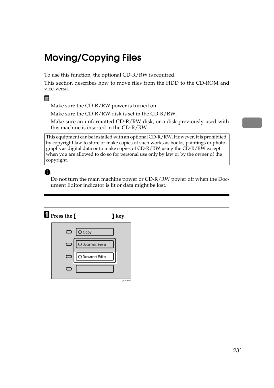 Moving/copying files, Moving/copying files from hdd to cd-rom, P.231 “moving/copying files | 3moving/copying files | Ricoh 850 User Manual | Page 279 / 804