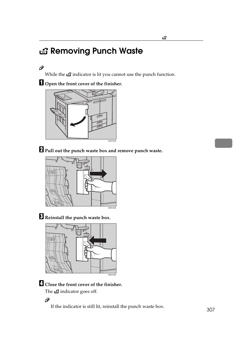 Removing punch waste, P.307, Remov | Ing punch waste, 5y removing punch waste | Ricoh 850 User Manual | Page 355 / 804