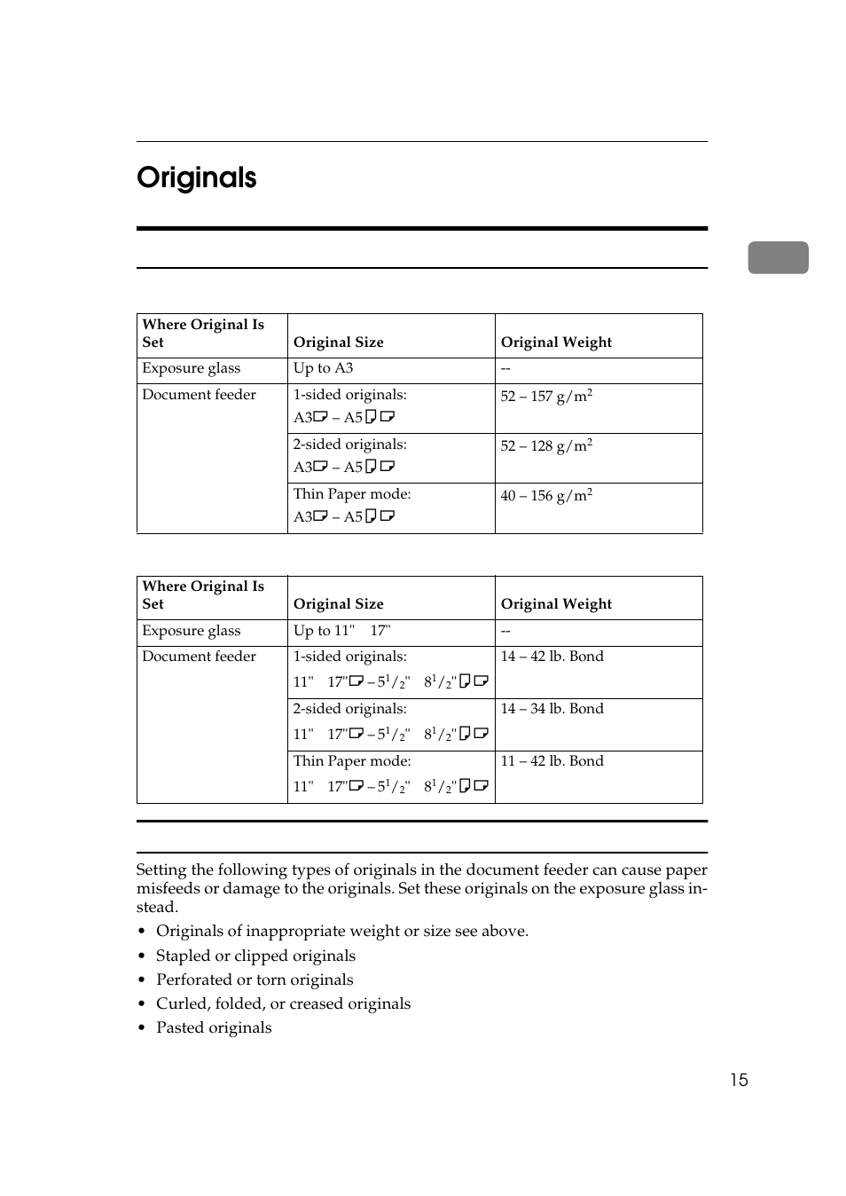 Originals, Sizes and weights of recommended originals, 1originals | Ricoh 850 User Manual | Page 465 / 804