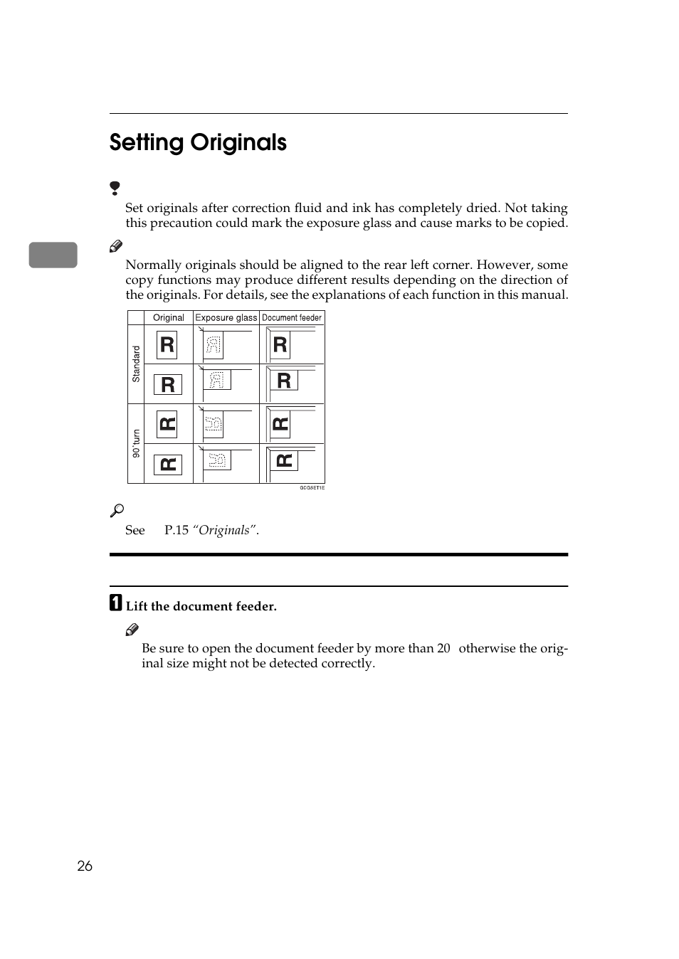 Setting originals, Setting originals on the exposure glass, P.26 “setting originals | 2setting originals | Ricoh 850 User Manual | Page 74 / 804