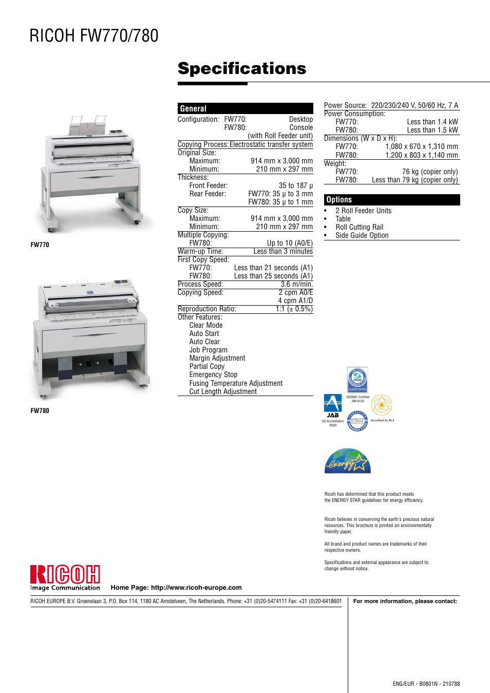 Specifications | Ricoh FW780 User Manual | Page 6 / 6
