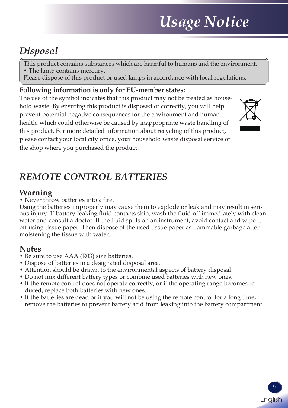 Usage notice, Disposal, Remote control batteries | Notice: users in turkey, Warning | Ricoh PROJECTOR PJ S2130 User Manual | Page 10 / 54