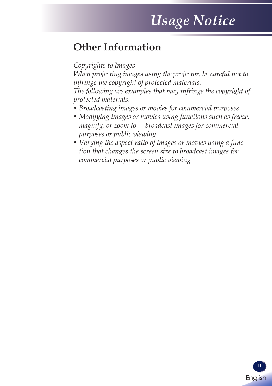 Other information, Usage notice | Ricoh PROJECTOR PJ S2130 User Manual | Page 12 / 54
